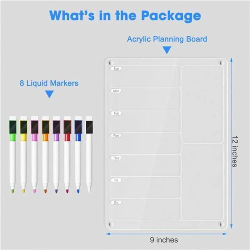 Acrylic Meal Planner Magnetic Menu Board for Kitchen Fridge w/Markers, Clear